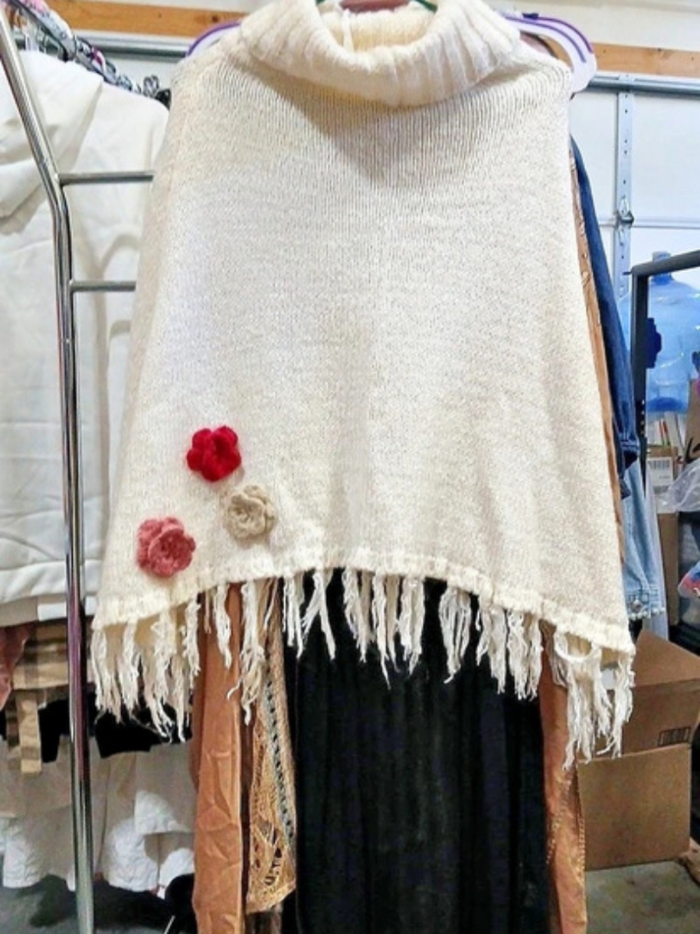 Cream Knit Fringe Poncho with Floral Accents